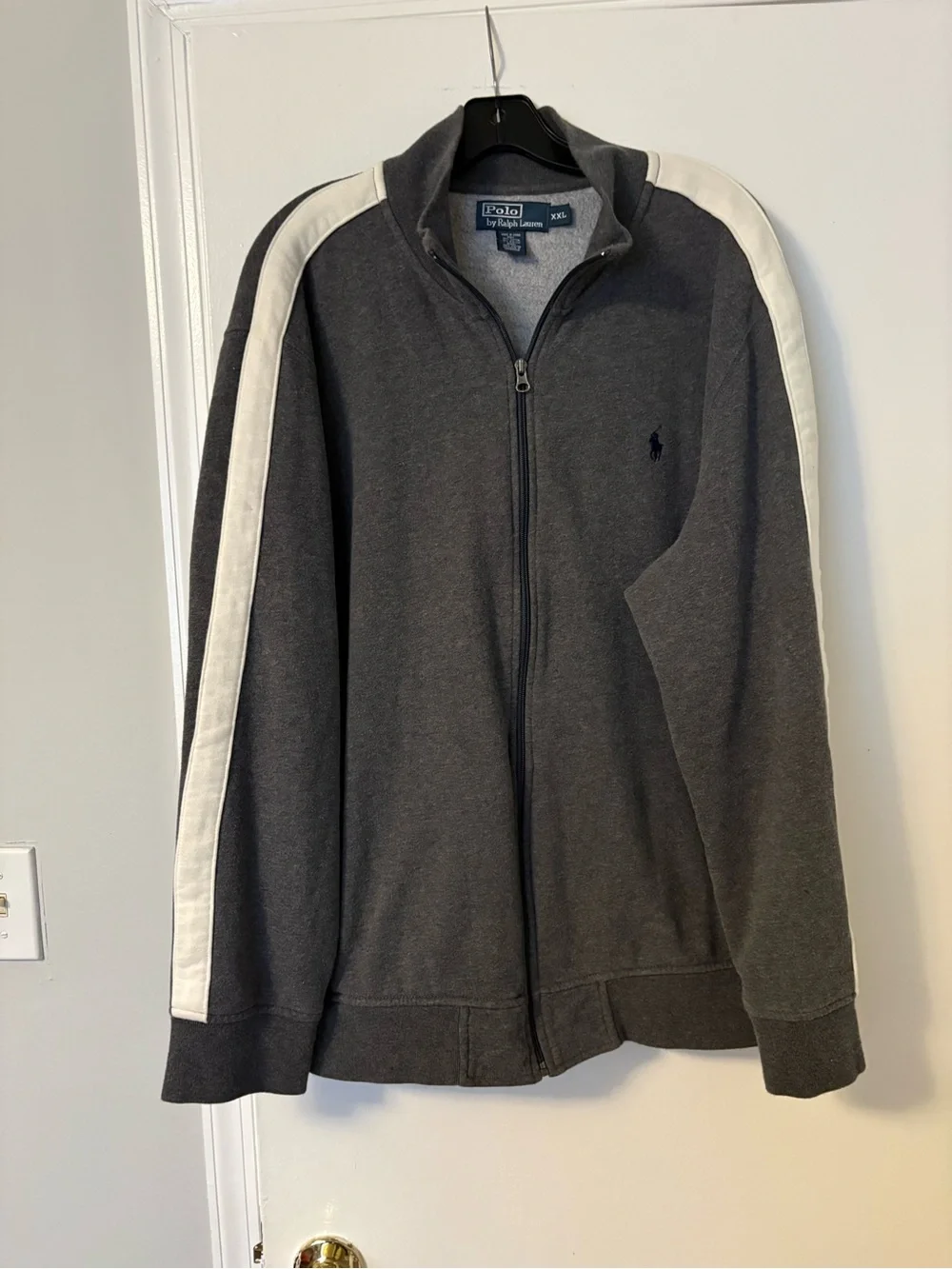 Ralph Lauren Charcoal Zip-Up Sweater with White Shoulder Stripes